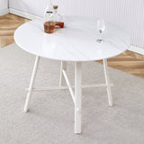 A modern minimalist circular dining table with a 42 inch diameter white patterned tabletop and white metal legs. Suitable for restaurants, living rooms, and conference rooms.W1151P152778 SolidRoot Buy Furniture USA