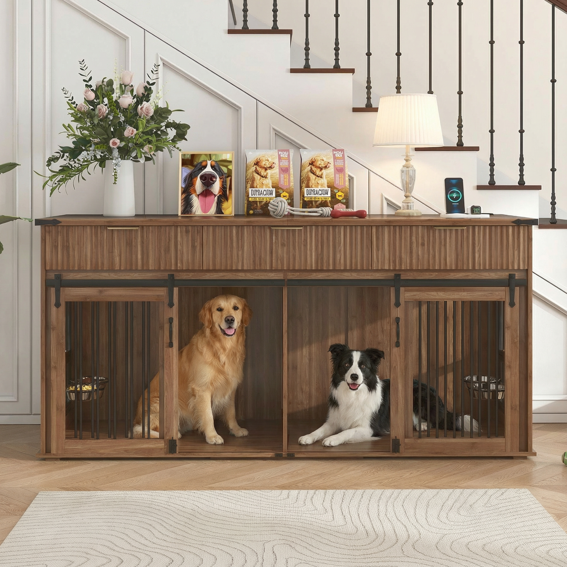 71'' Furniture Style Double Dog Crate with 3 Fluted Drawers and Waterproof Walnut Woodgrain Tabletop,Large Dog Kennel Furniture with Type-C Power Outlet & Rotating Feeders for Heavy Duty Dogs(Walnut) - SolidRoot Buy Furniture USA