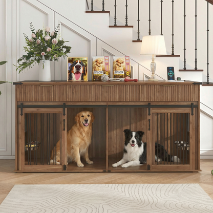 71'' Furniture Style Double Dog Crate with 3 Fluted Drawers and Waterproof Walnut Woodgrain Tabletop,Large Dog Kennel Furniture with Type-C Power Outlet & Rotating Feeders for Heavy Duty Dogs(Walnut) - SolidRoot Buy Furniture USA