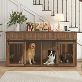 71'' Furniture Style Double Dog Crate with 3 Fluted Drawers and Waterproof Walnut Woodgrain Tabletop,Large Dog Kennel Furniture with Type-C Power Outlet & Rotating Feeders for Heavy Duty Dogs(Walnut) - SolidRoot Buy Furniture USA