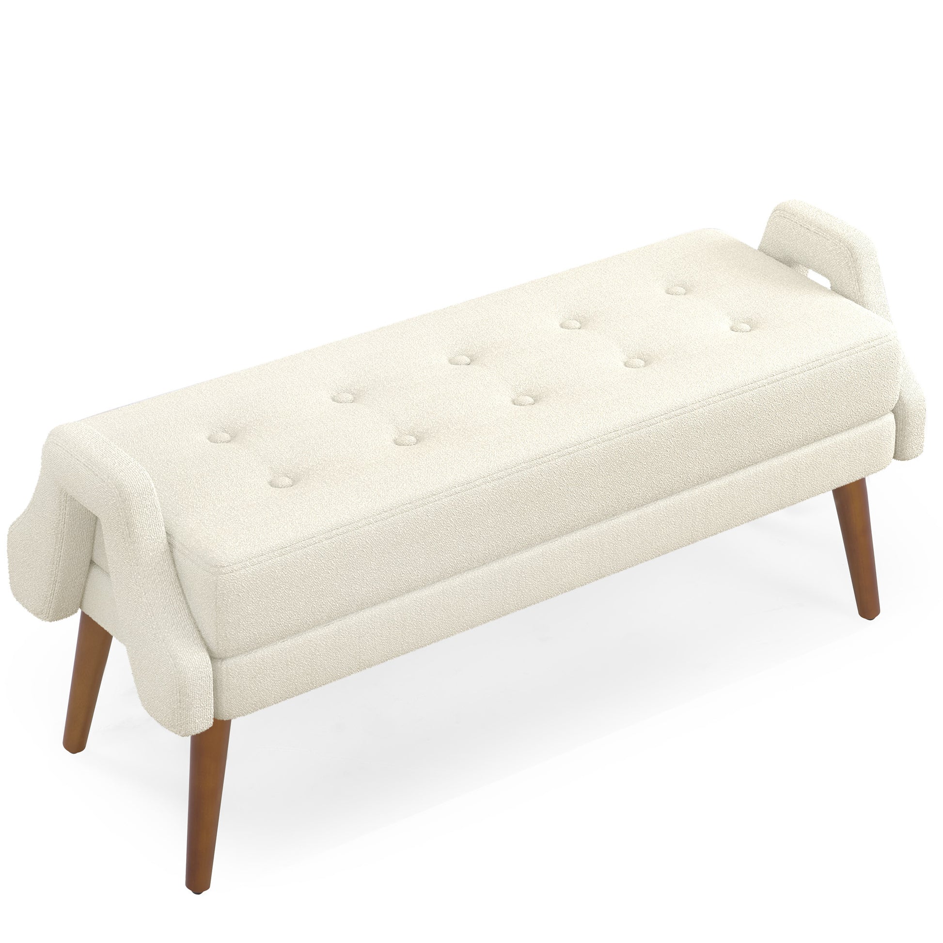 Modern Living Room Bench with Looped Yarn Fabric, Soft Cushion, Irregular Geometric Armrests, Rubber Wooden Legs - Beige SolidRoot Buy Furniture USA