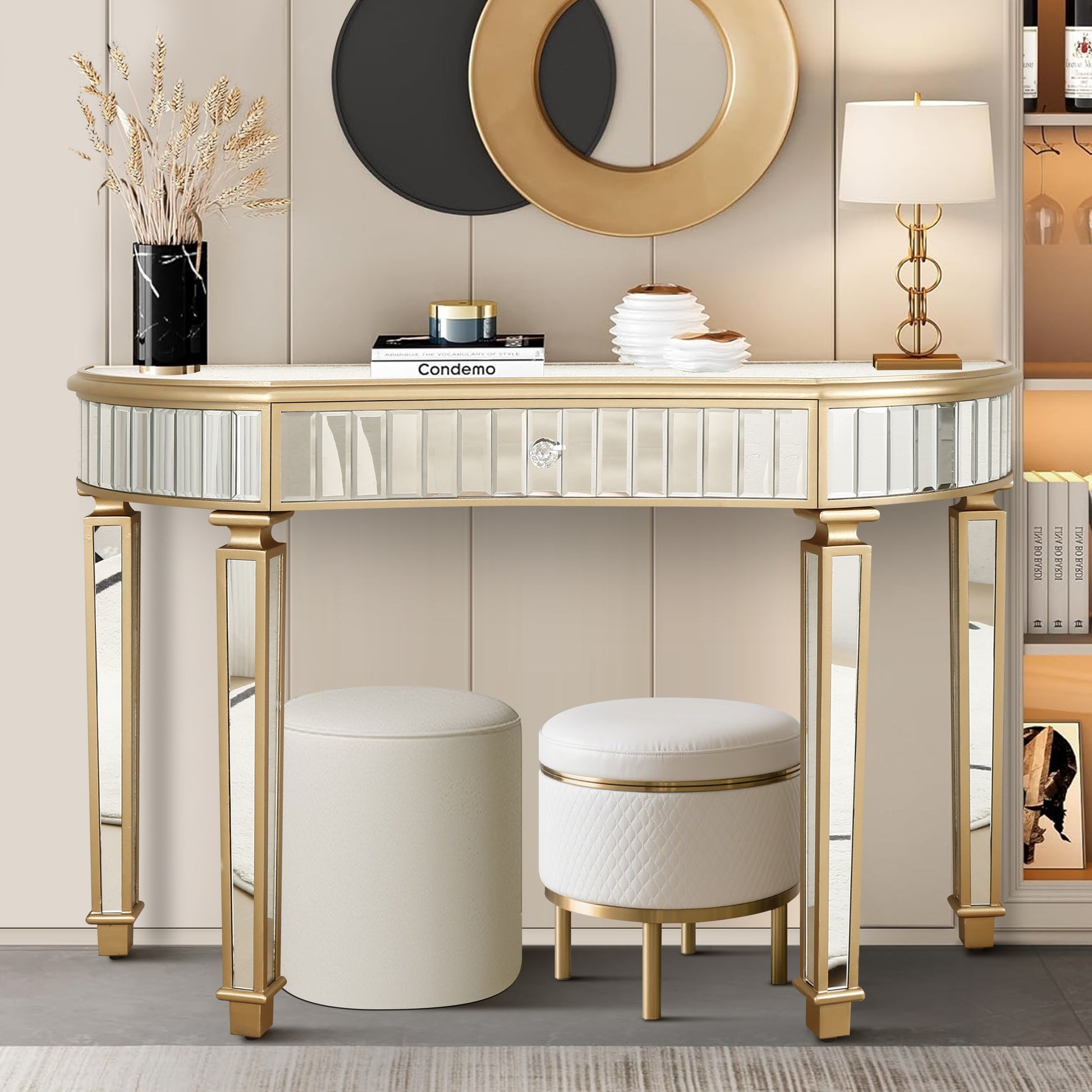 47' Half-Moon Mirrored Console Table with Fluted Glass & Crystal Knob Drawer - Silver Entryway Vanity Desk for Bedroom/Dressing Room(Gold+Sliver) SolidRoot Buy Furniture USA