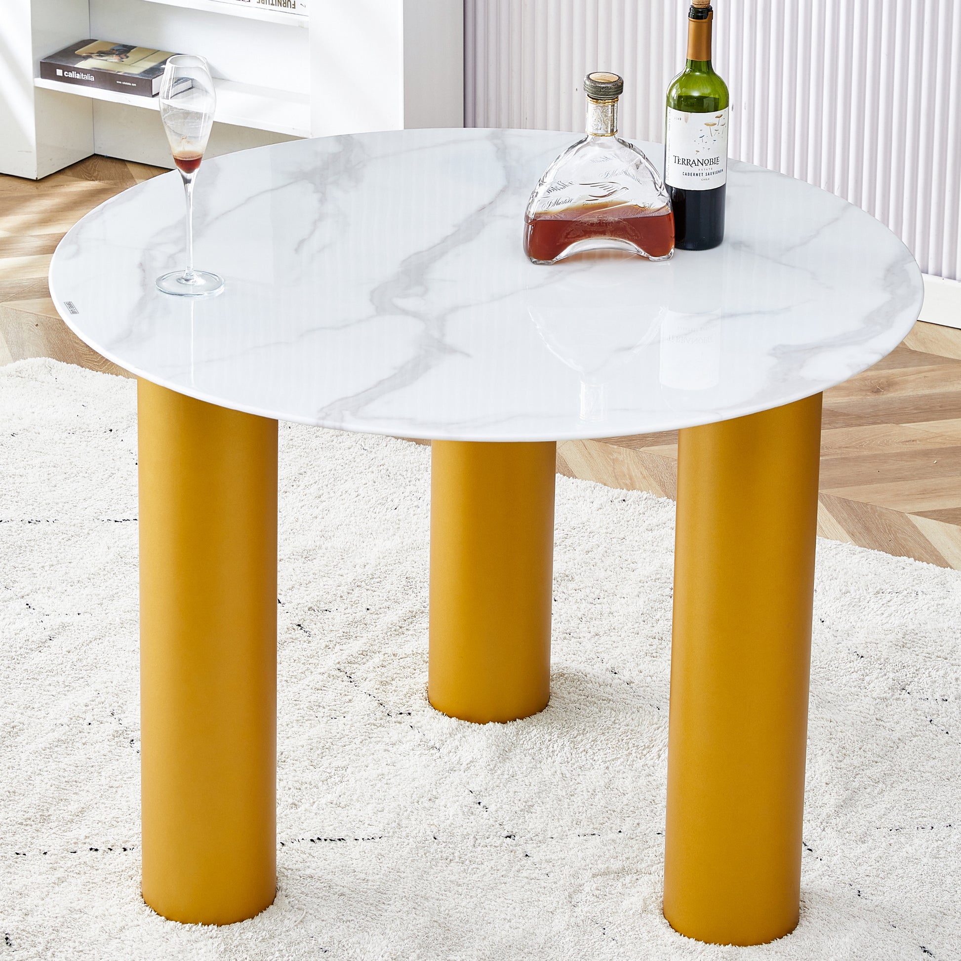 Round white dining table, artificial marble glass stickers, golden MDF legs, kitchen dining table, living room dining table 40 '* 40' * 29.4 'F-X03 SolidRoot Buy Furniture USA