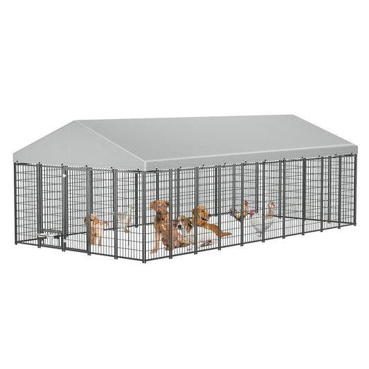 Large Dog Kennel Outdoor Pet Pens Dogs Run Enclosure Animal Hutch Metal Coop Fence with Roof Cover. 18.9'L x 9.61'W x 6.76'H. - SolidRoot Buy Furniture USA