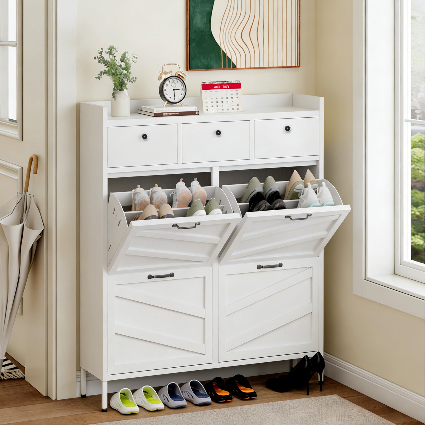 Metal Shoe Cabinet White - 4 Flip Drawers + 3 Drawers, Slim 11.8'D Freestanding Steel Shoe Organizer, Anti-Tip Hidden Entryway Shoe Rack - SolidRoot Buy Furniture USA