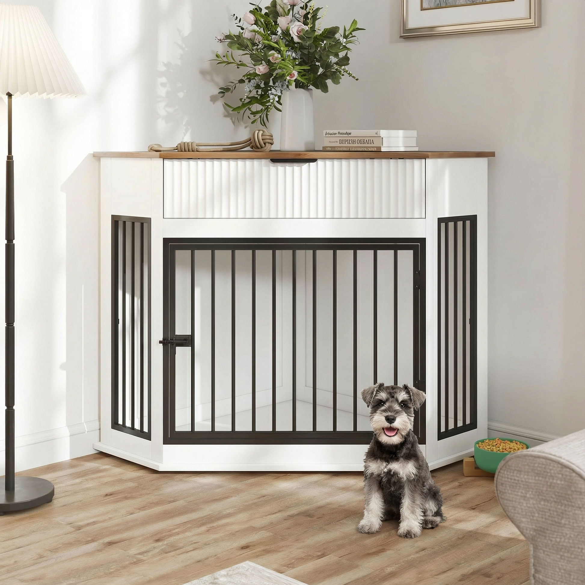 44.6'' Corner MDF Dog Crate Furniture for Small/Medium Dogs, Decorative Dog Kennel End Table with Fluted Drawer Storage, Modern Space-Saving Dog Cage Cabinet for Home Décor Indoor(White) - SolidRoot Buy Furniture USA