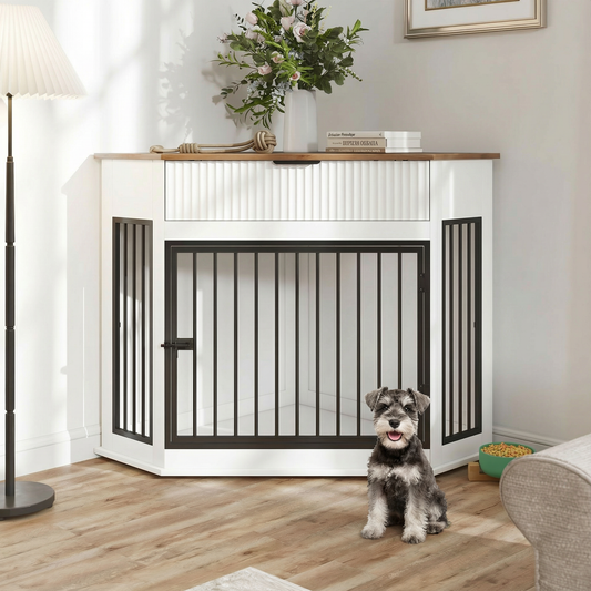 44.6'' Corner MDF Dog Crate Furniture for Small/Medium Dogs, Decorative Dog Kennel End Table with Fluted Drawer Storage, Modern Space-Saving Dog Cage Cabinet for Home Décor Indoor(White) - SolidRoot Buy Furniture USA