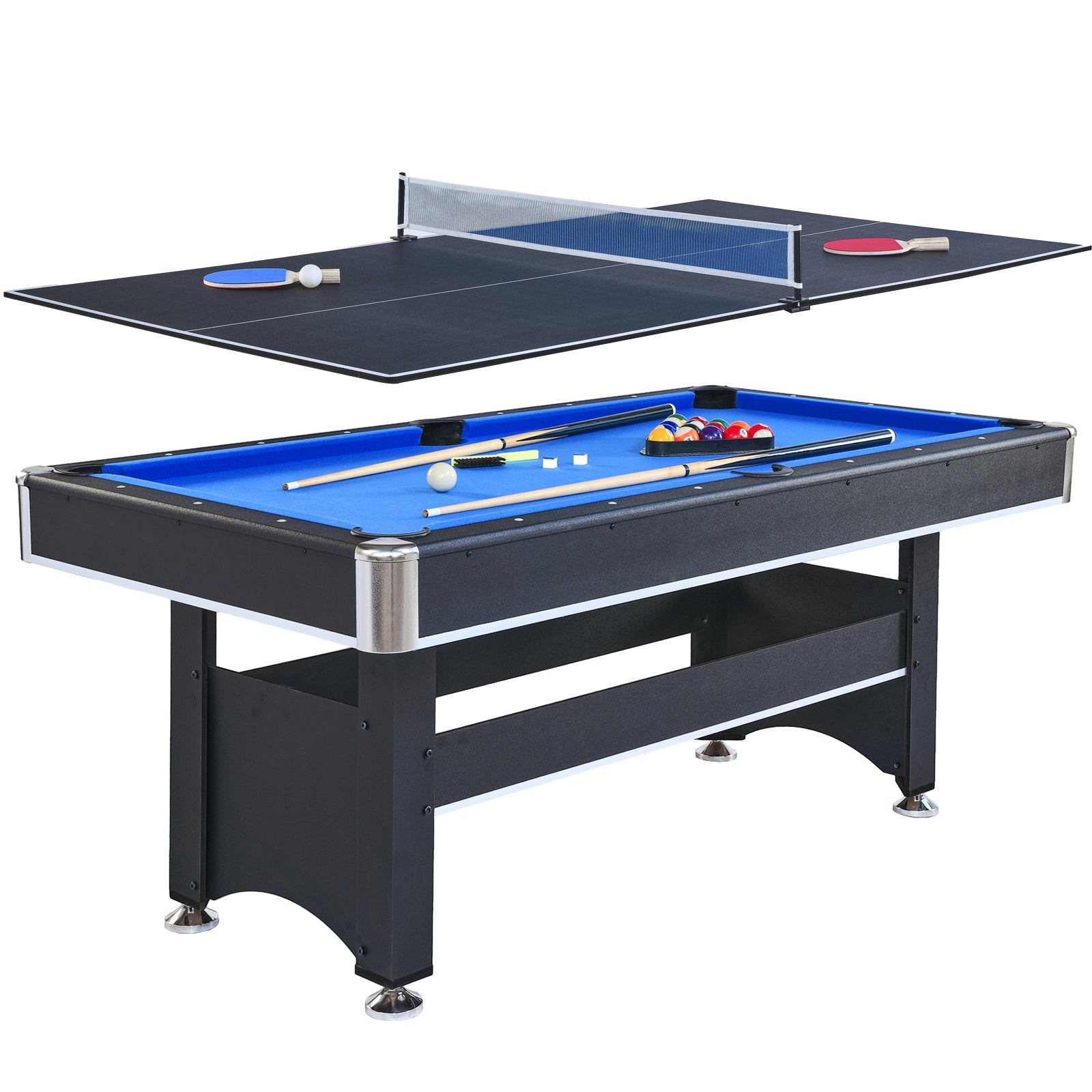 6-ft Pool Table with Table Tennis Top - Black with Blue Felt SolidRoot Buy Furniture USA