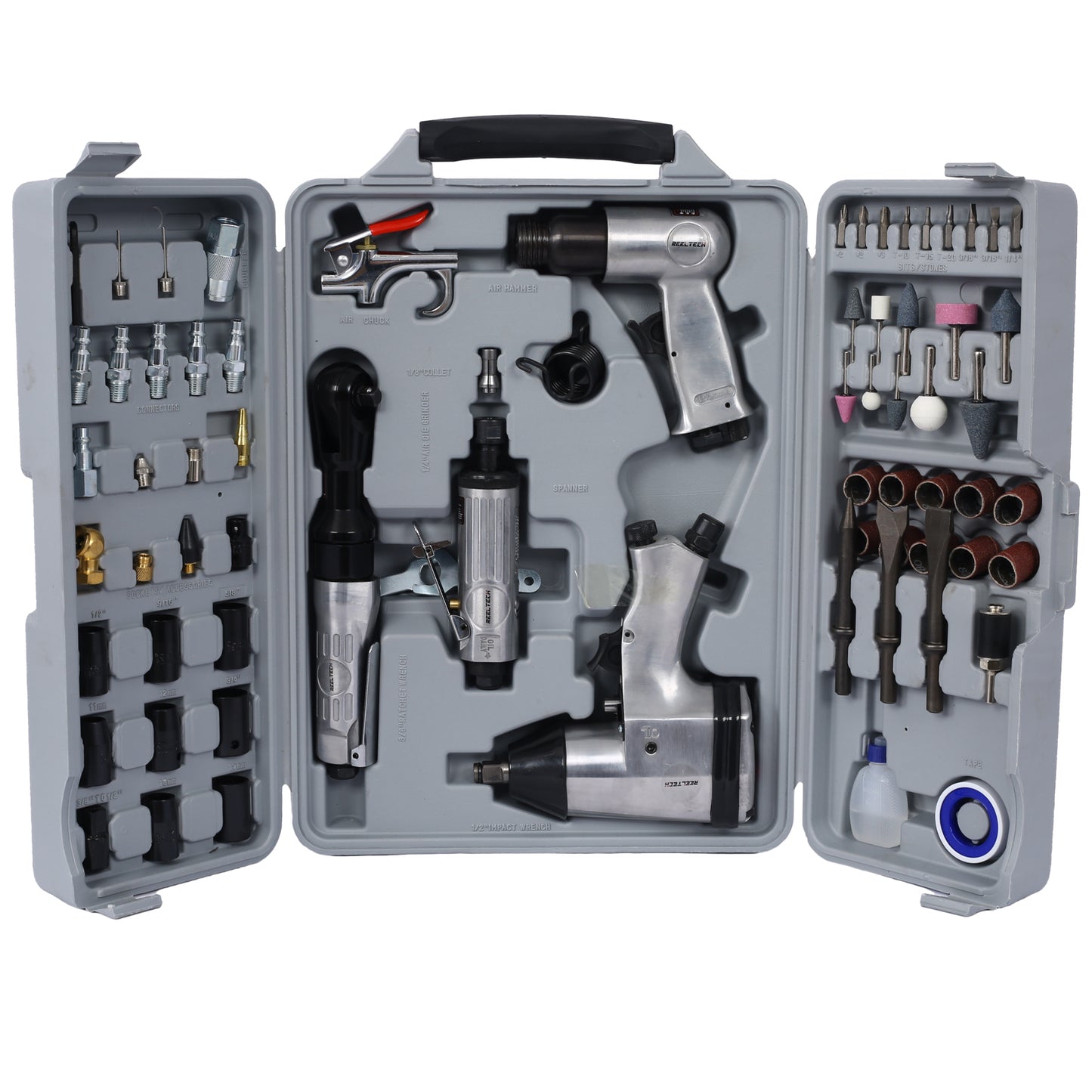 Air Tool and Accessories Kit, 71 Piece, Impact Wrench, Air Ratchet, Die Grinder, Aire Hammer, Hose Fittings, Storage Case SolidRoot Buy Furniture USA
