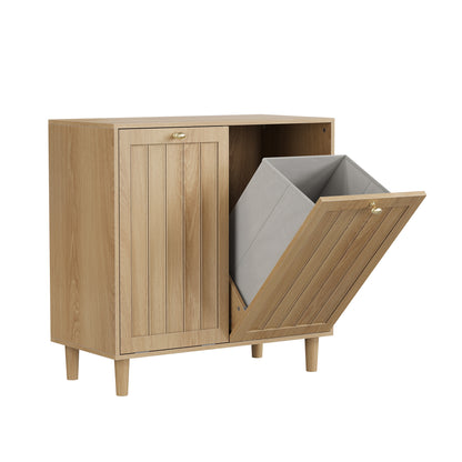 Oak Finish Sloping Laundry Basket with Removable Inner Bin, Concealed Storage Cabinet for Bathroom or Laundry Room, Freestanding MDF Household Rack SolidRoot Buy Furniture USA