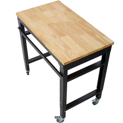 35' Adjustable Height Rolling Workbench with Rubber Wood Top - Heavy Duty Steel Garage Work Table with Wheels, Black Hammertone Finish SolidRoot Buy Furniture USA