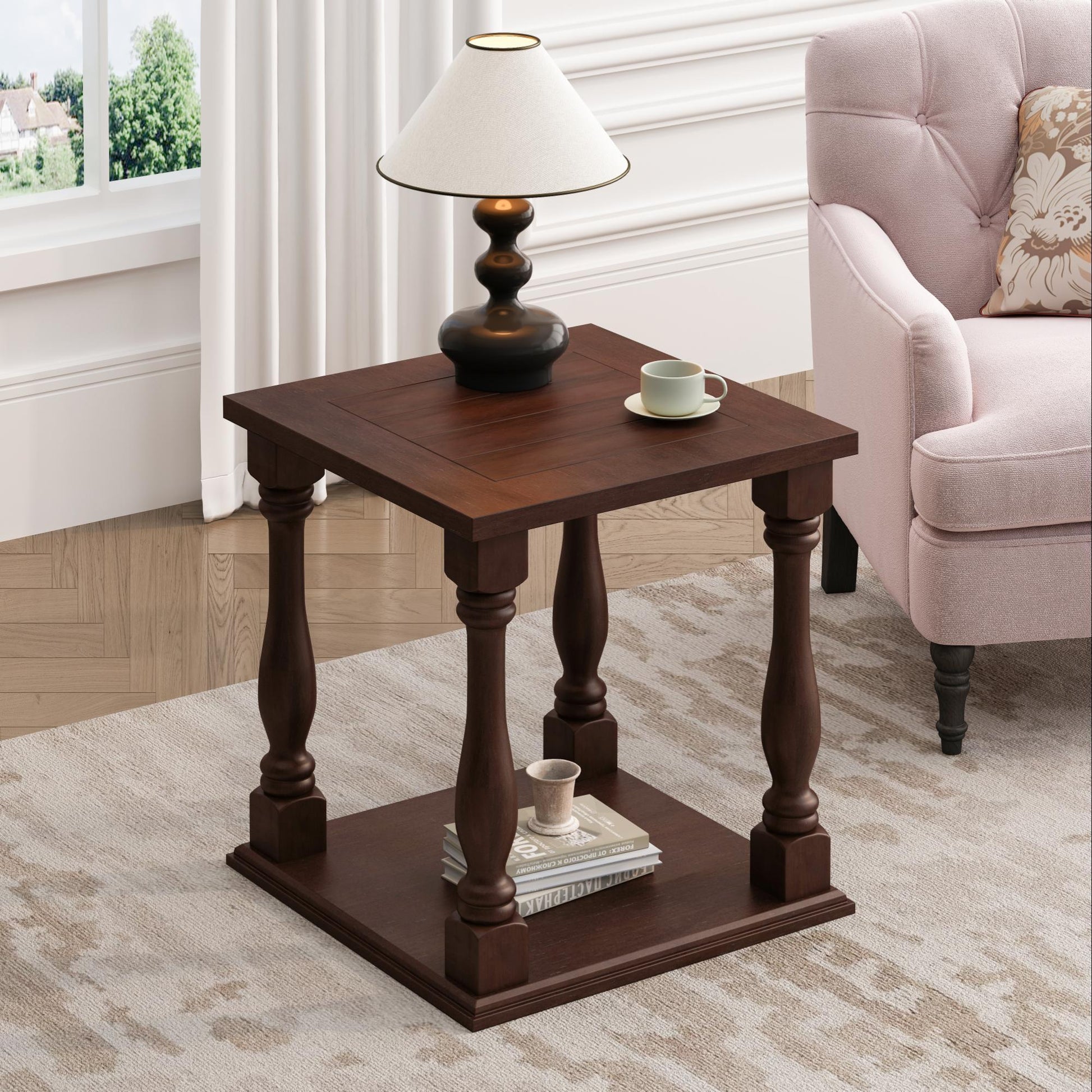Antique - Style Coffee Colored Side Table with A Rubbed Gris Finish 23.5 x 23.5 x 25.25 in SolidRoot Buy Furniture USA