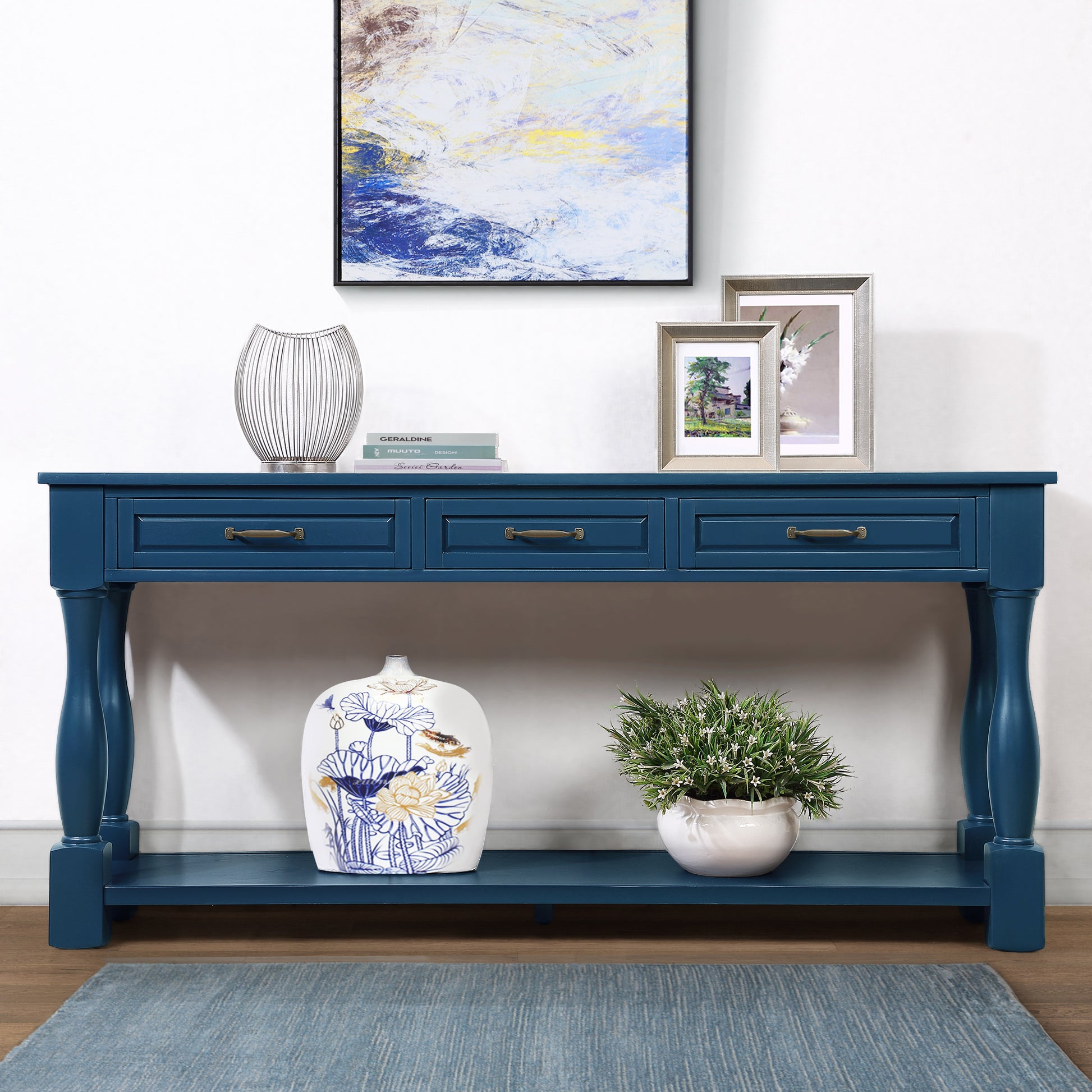 63inch Long Wood Console Table with 3 Drawers and 1 Bottom Shelf for Entryway Hallway Easy Assembly Extra-thick Sofa Table( Navy Blue) SolidRoot Buy Furniture USA