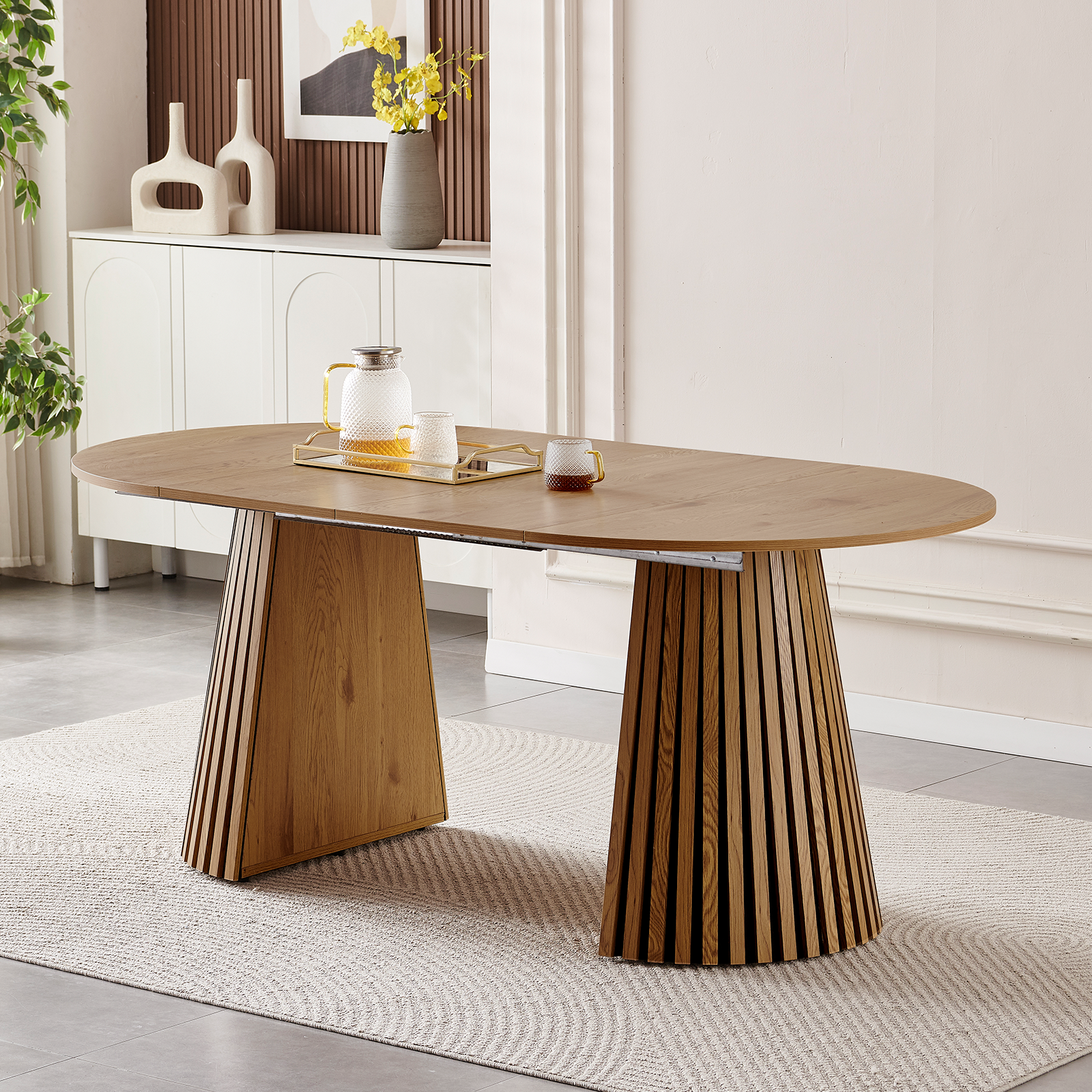 Wooden Dining Table, Flexible and Extendable, Multi-functional and Space-saving, Fashionable Oval Design and Slatted Table Legs, Tea Table or Office Desk, Beautiful and Practical SolidRoot Buy Furniture USA