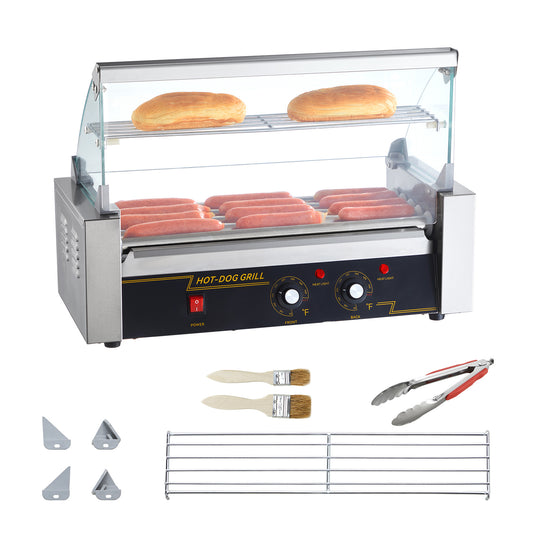 Hot Dog Roller 5 Rollers 12 Hot Dogs Capacity, 750W Stainless Sausage Grill Cooker Machine with Dual Temp Control Glass Hood Acrylic Cover Bun Warmer Shelf Removable Oil Drip Tray ETL Certified SolidRoot Buy Furniture USA