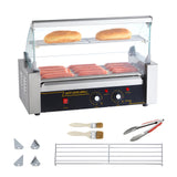 Hot Dog Roller 5 Rollers 12 Hot Dogs Capacity, 750W Stainless Sausage Grill Cooker Machine with Dual Temp Control Glass Hood Acrylic Cover Bun Warmer Shelf Removable Oil Drip Tray ETL Certified SolidRoot Buy Furniture USA
