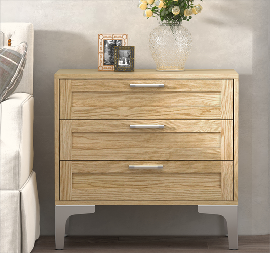 Night Stand 3 Drawer Nightstand Dressers for Bedroom Mid-Century Modern Couch Side End Table for Living Room Wood Bedside Table with Drawers&Polished Silver Legs,Light Walnut SolidRoot Buy Furniture USA
