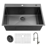 30 inch Drop-in Single Bowl Kitchen Sink, 18 Gauge Gunmetal Black Stainless Steel Kitchen Sink, Handmade Topmount Sink with Gunmetal Black Pull Out Spring Neck Faucet