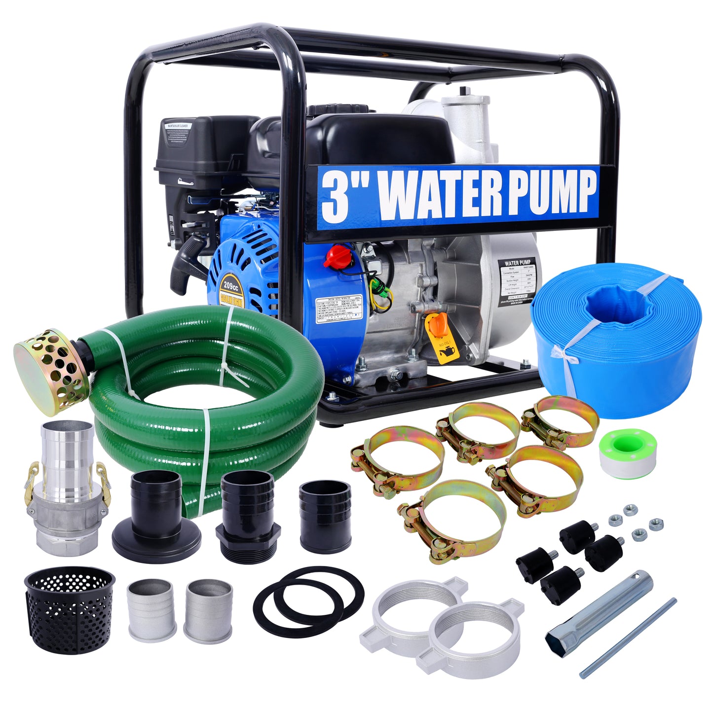 Semi Trash Pump 3 inch, 209cc 7HP 4 stroke OHV ENGINE, Gas Powered Semi Trash Water Pump  50 ft Discharge Hose, 12 ft Suction Hose with Complete Fittings,EPA compliant SolidRoot Buy Furniture USA