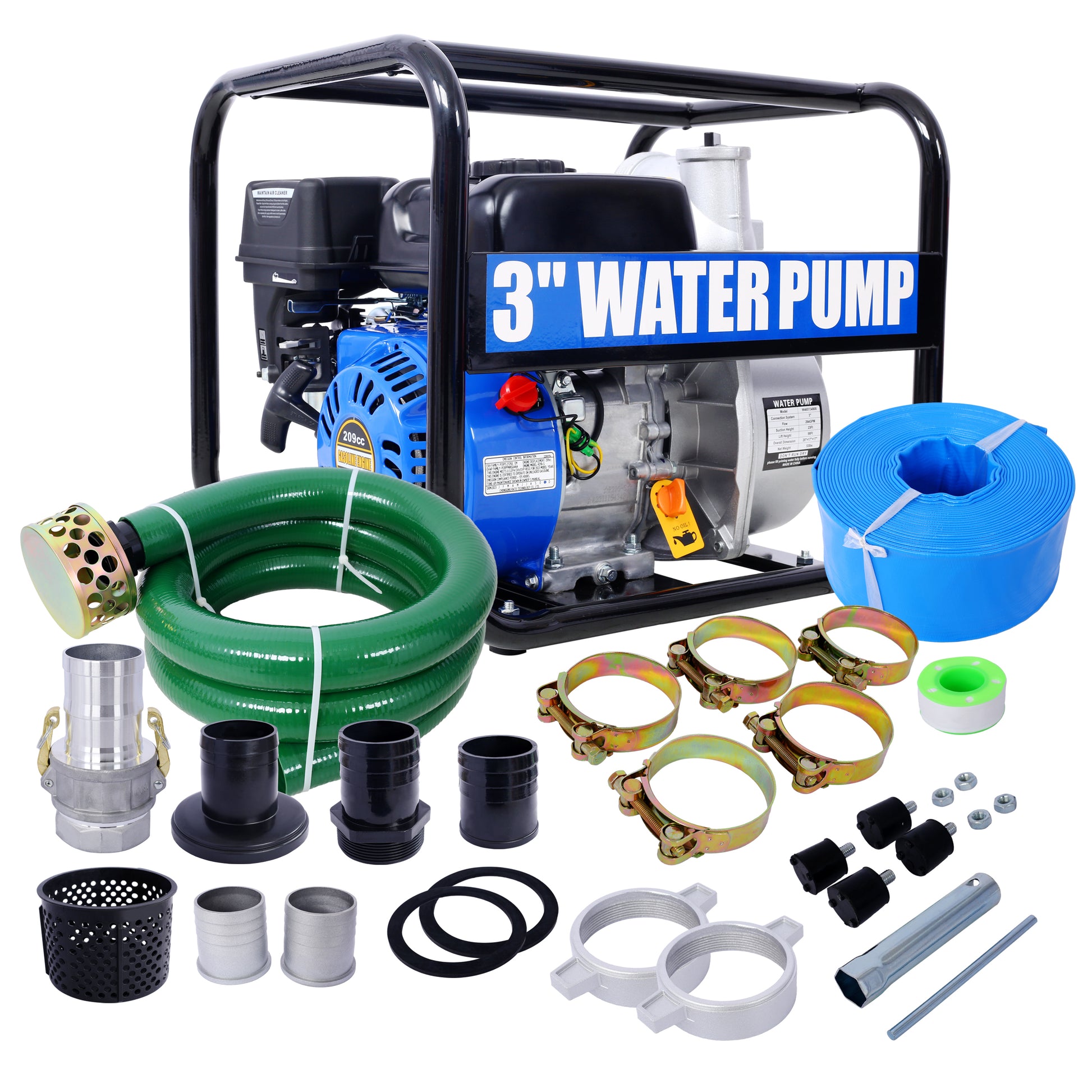 Semi Trash Pump 3 inch, 209cc 7HP 4 stroke OHV ENGINE, Gas Powered Semi Trash Water Pump  50 ft Discharge Hose, 12 ft Suction Hose with Complete Fittings,EPA compliant SolidRoot Buy Furniture USA