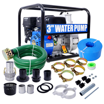 Semi Trash Pump 3 inch, 209cc 7HP 4 stroke OHV ENGINE, Gas Powered Semi Trash Water Pump  50 ft Discharge Hose, 12 ft Suction Hose with Complete Fittings,EPA compliant SolidRoot Buy Furniture USA