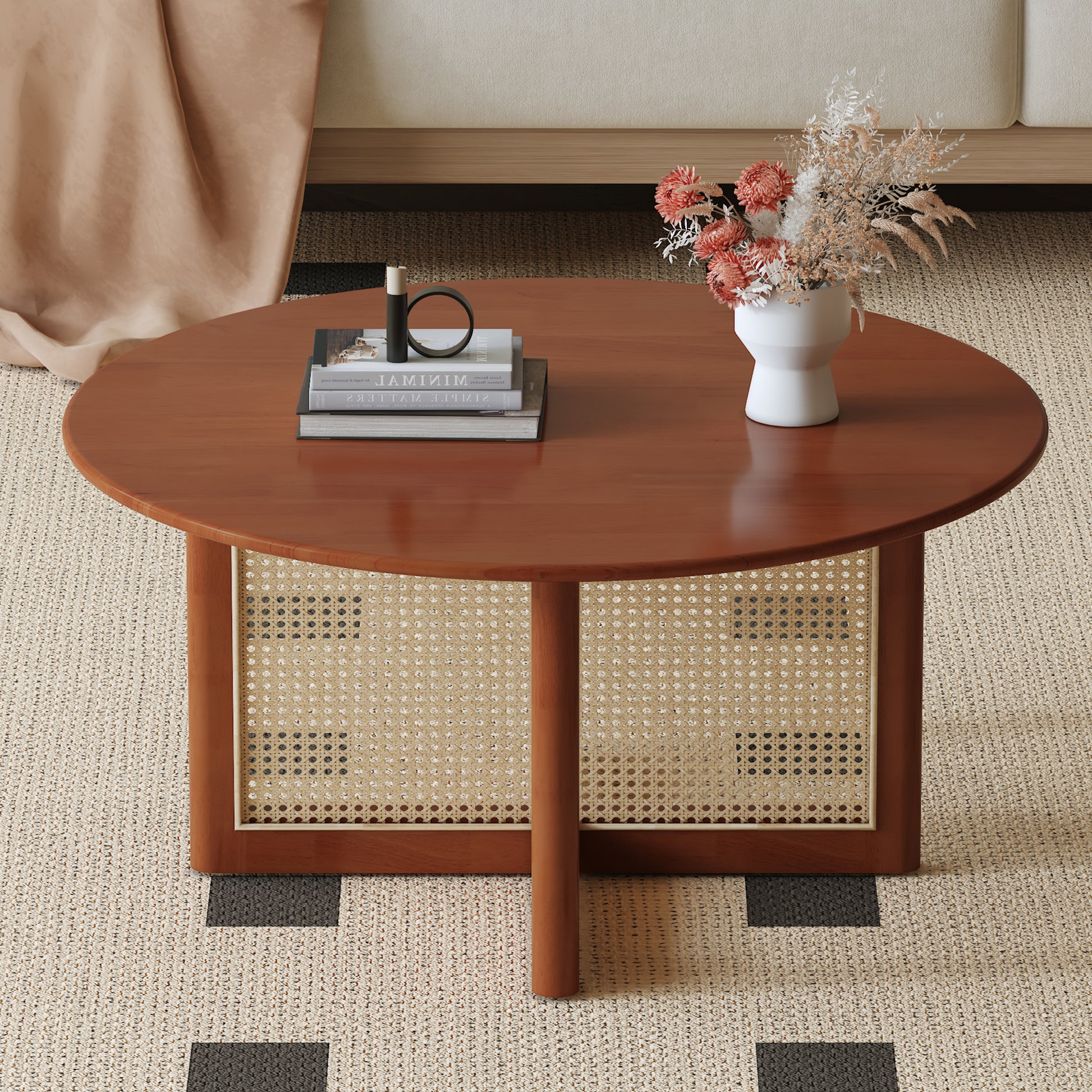 A natural and elegant deep red wooden coffee table with artificial rattan decorations, perfect for a fashionable living room and comfortable tea drinking time.W1151140563 SolidRoot Buy Furniture USA