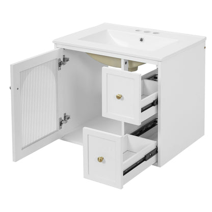 Modern Wall-Mounted Bathroom Vanity Set with Ceramic Sink, White Finish, 24' x 18' x 21.75', MDF+Solid Wood+Glass Construction SolidRoot Buy Furniture USA