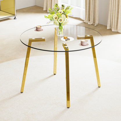 Modern minimalist style circular transparent tempered glass table, tempered glass tabletop, golden metal legs, suitable for kitchen, dining room, and living room, 42 '* 42' * 29.5 'W1151138118 SolidRoot Buy Furniture USA
