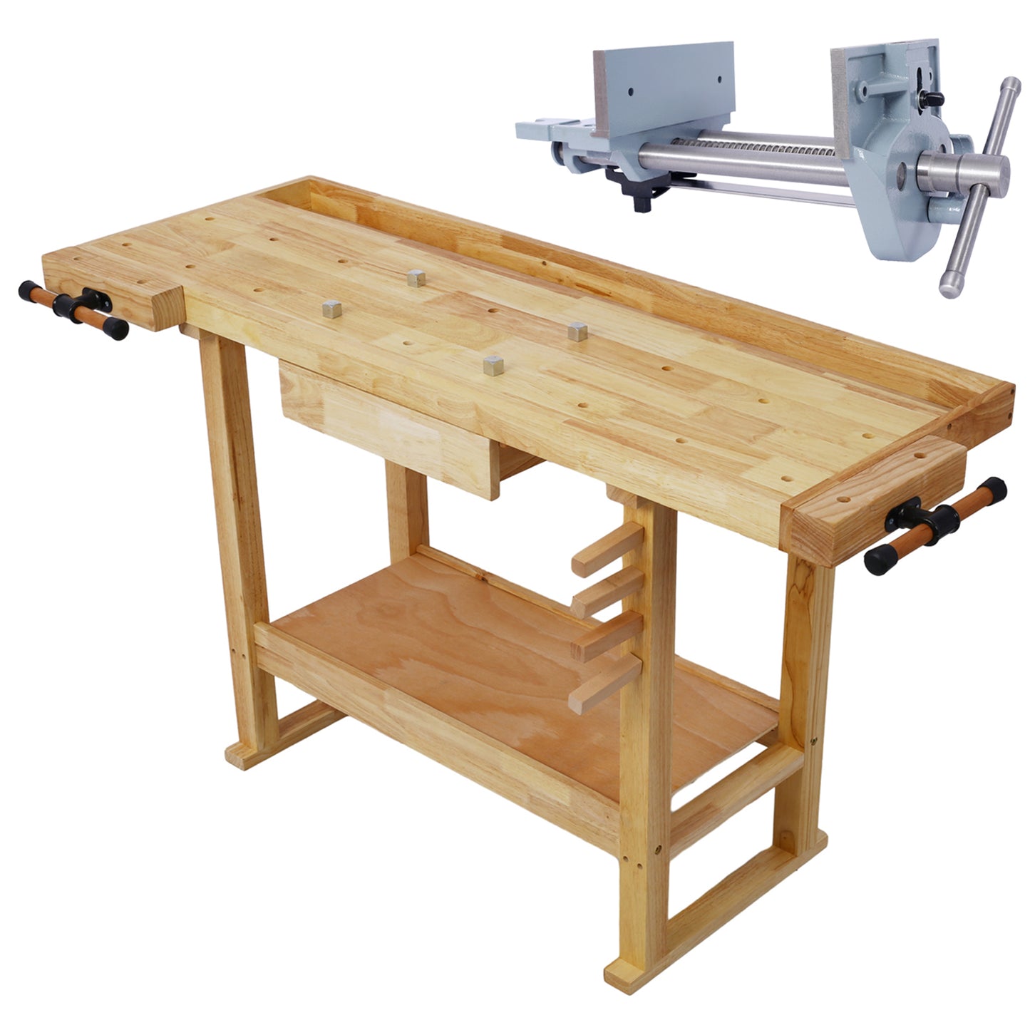 55-Inch Wood Workbench - Wooden Workbench for Garage Workshop and Home, with Rapid Action Woodworking Vise 7 Inch Jaw Width Made with Heavy-Duty Cast Iron ,GRAY SolidRoot Buy Furniture USA