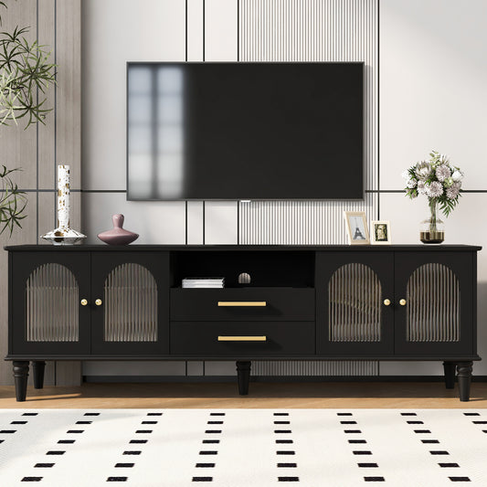 VIBE HAUS 68.9'' Retro TV Stand for TVs up to 75 Inches, Entertainment Center Media Console with Fluted Glass Doors and Five Solid Wood Legs for Living room(OLD SKU:N724P198468B) SolidRoot Buy Furniture USA