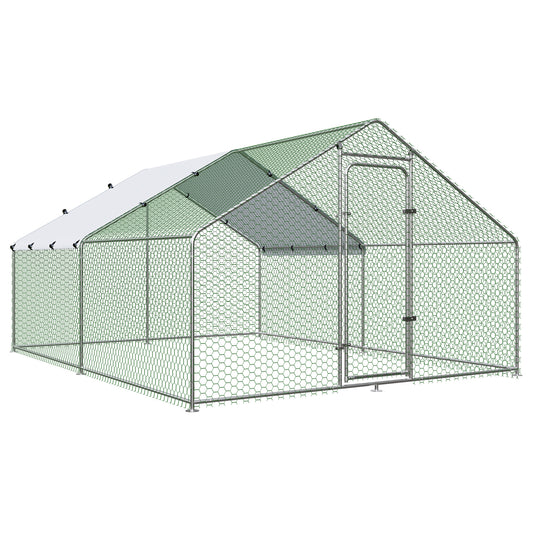 Large Metal Chicken Coop Walk-in Chicken Run with Waterproof Cover Outdoor Backyard Farm Anti-UV Spire Shaped Cage for Poultry, Ducks, and Rabbits(9.8' L x 9.8' W x 6.5' H)