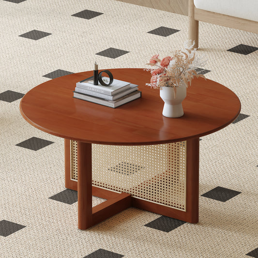 A natural and elegant deep red wooden coffee table with artificial rattan decorations, perfect for a fashionable living room and comfortable tea drinking time SolidRoot Buy Furniture USA