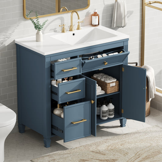 [Video] 36' Bathroom Vanity with Sink, Ceramic Sink, One Tip-out Drawer, 3 Side Drawers, Adjustable Shelf, Gray Blue SolidRoot Buy Furniture USA