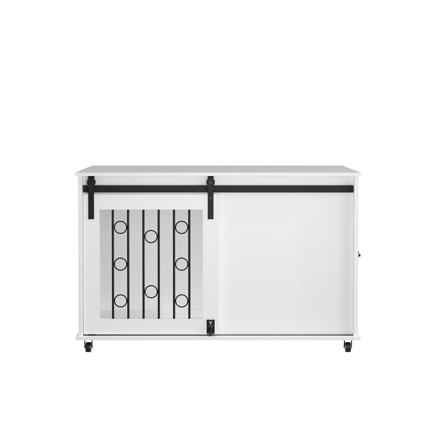 Modern White Wooden Dog Crate with Sliding Barn Door and Side Access, Durable MDF Pet Kennel with Metal Bars and Lockable Wheels for Small to Medium Dogs
