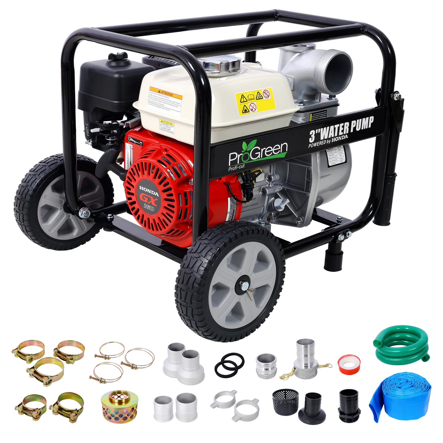 Honda GX160 Engine Water Pump 3' 264Gpm with Accessories Kit and Handle Wheel Kit SolidRoot Buy Furniture USA