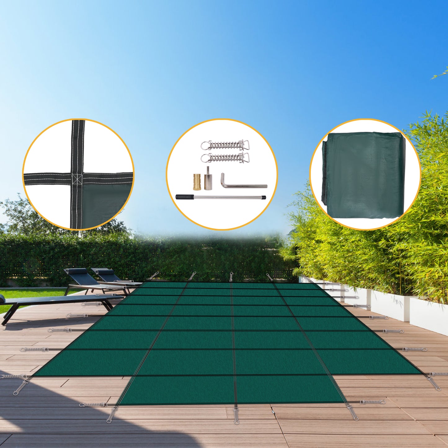Pool Safety Cover, Fits 18x36ft Rectangular Inground Winter Swimming Pools, with 4x8ft Center End Step, Triple Stitched High Strength Mesh PP, Great Rain Permeability, Installation Hardware,Green Mesh SolidRoot Buy Furniture USA