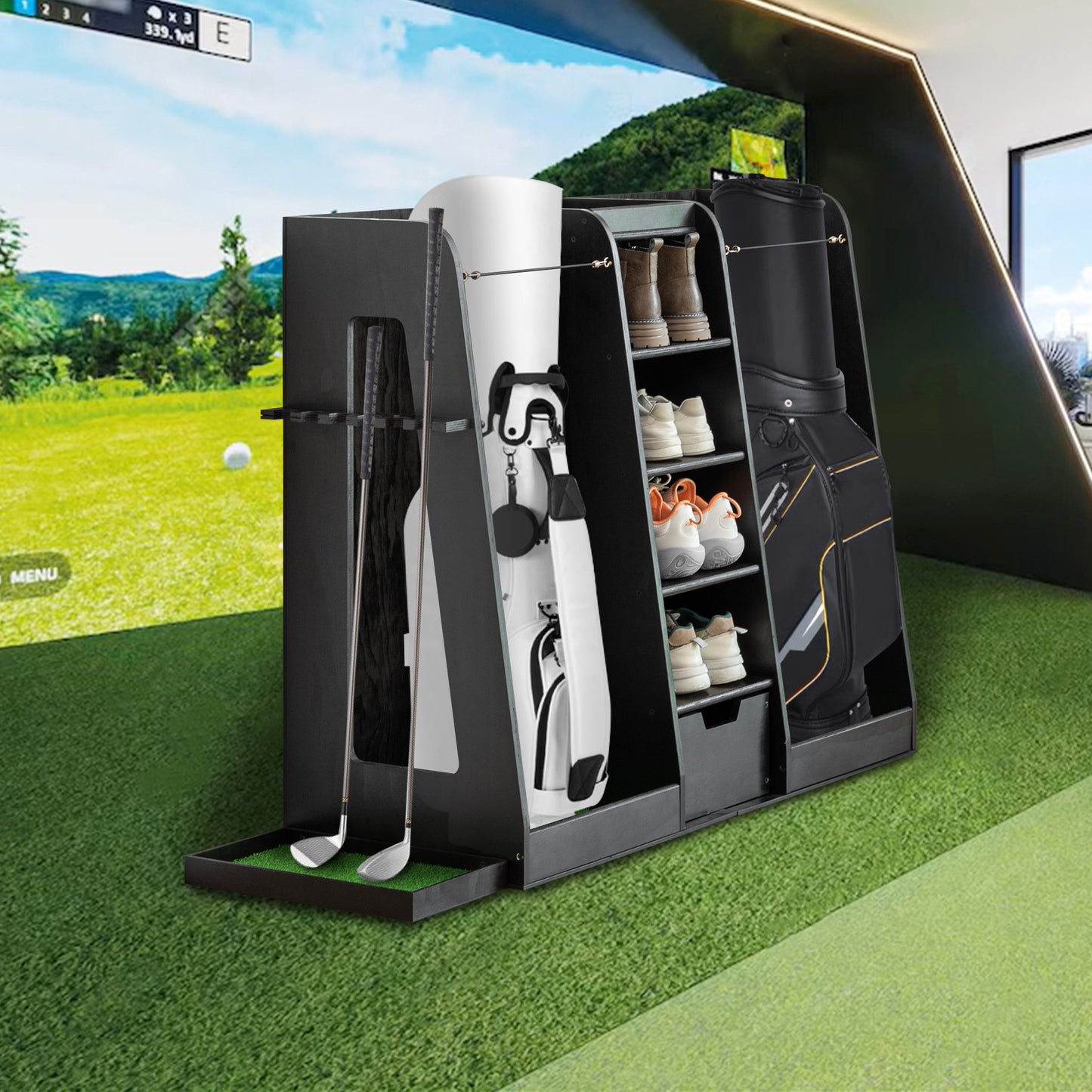 55.5''x16''x37''(LxWxH) Wooden Golf Bag Organizer and Storage Rack, High Quality Wooden 2 Golf Bag Rack with Drawers, Easy to Assemble Golf Club Holder/Stand with Club Holders on Side,Black - SolidRoot Buy Furniture USA