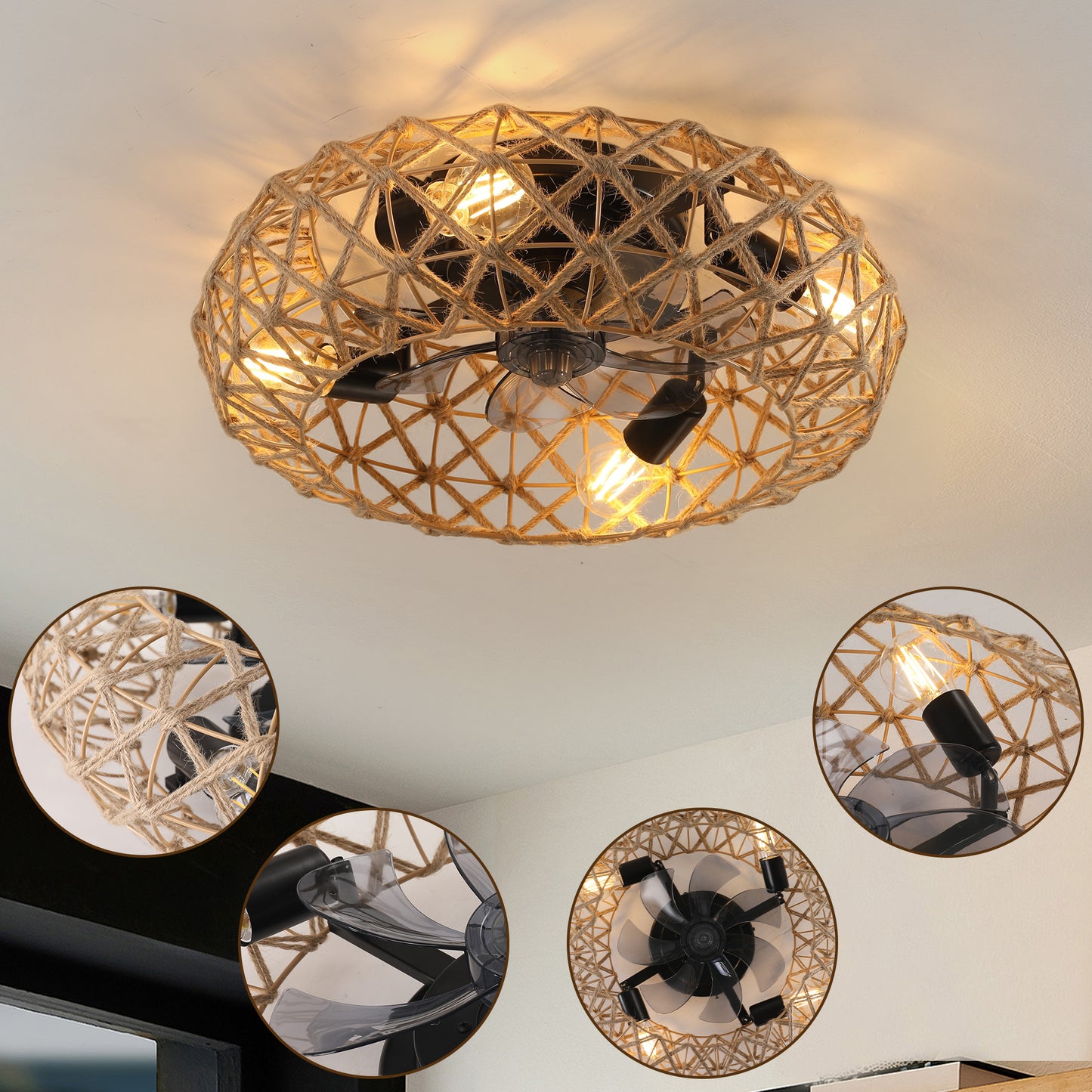 Ceiling-mounted Jute Rope Fan Light Strip with 4 Bulbs, Dimmable, 7 Dlades, Reversible DC Motor SolidRoot Buy Furniture USA