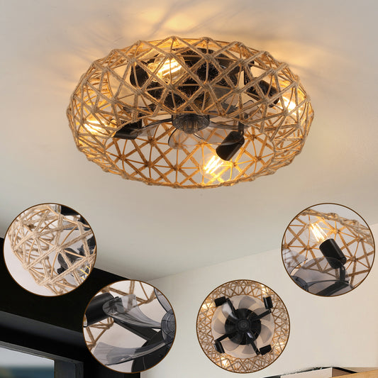 Ceiling-mounted Jute Rope Fan Light Strip with 4 Bulbs, Dimmable, 7 Dlades, Reversible DC Motor SolidRoot Buy Furniture USA