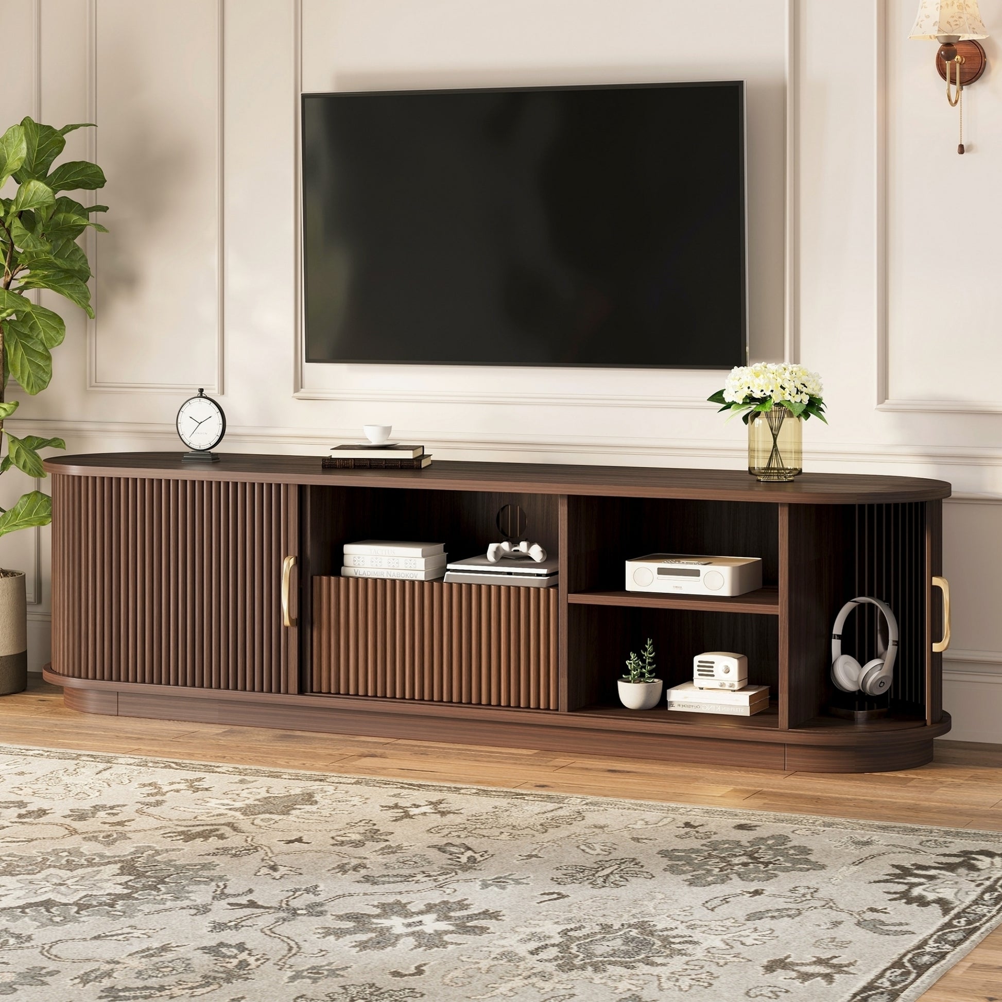 Vintage Rustic TV Stand with Sliding Wood Slatted Doors for TVs up to 75', Farmhouse Fluted TV Cabinet with Drawer, Wood Grain Media Console with Cable Management for Living Room, Bedroom, Walnut SolidRoot Buy Furniture USA
