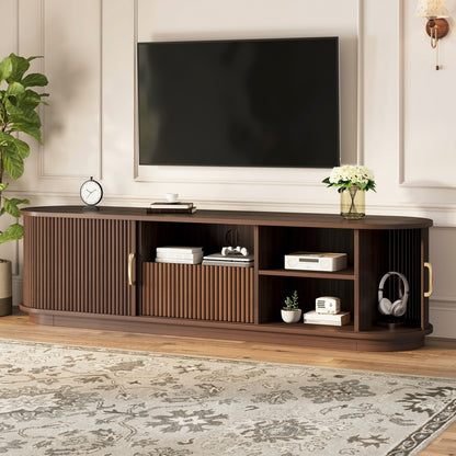 Vintage Rustic TV Stand with Sliding Wood Slatted Doors for TVs up to 75', Farmhouse Fluted TV Cabinet with Drawer, Wood Grain Media Console with Cable Management for Living Room, Bedroom, Walnut SolidRoot Buy Furniture USA