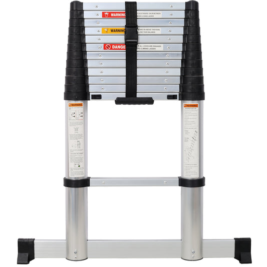 12.5FT Telescopic Ladder Aluminum Ladder with Non-Slip Feet, Slow Down Safety Function With Stabilizer Portable Extension Ladder for Household and Outdoor Working, 330lb Capacity Silver SolidRoot Buy Furniture USA