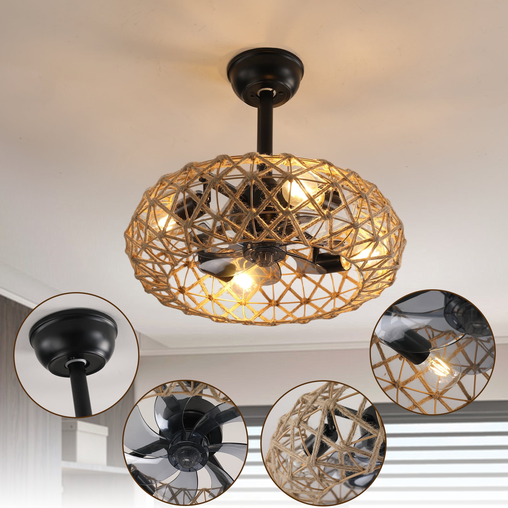 19' Hemp Rope Woven Ceiling Fan with 4 bulbs, Dimmable, 7 Blades, Reversible DC motor. SolidRoot Buy Furniture USA