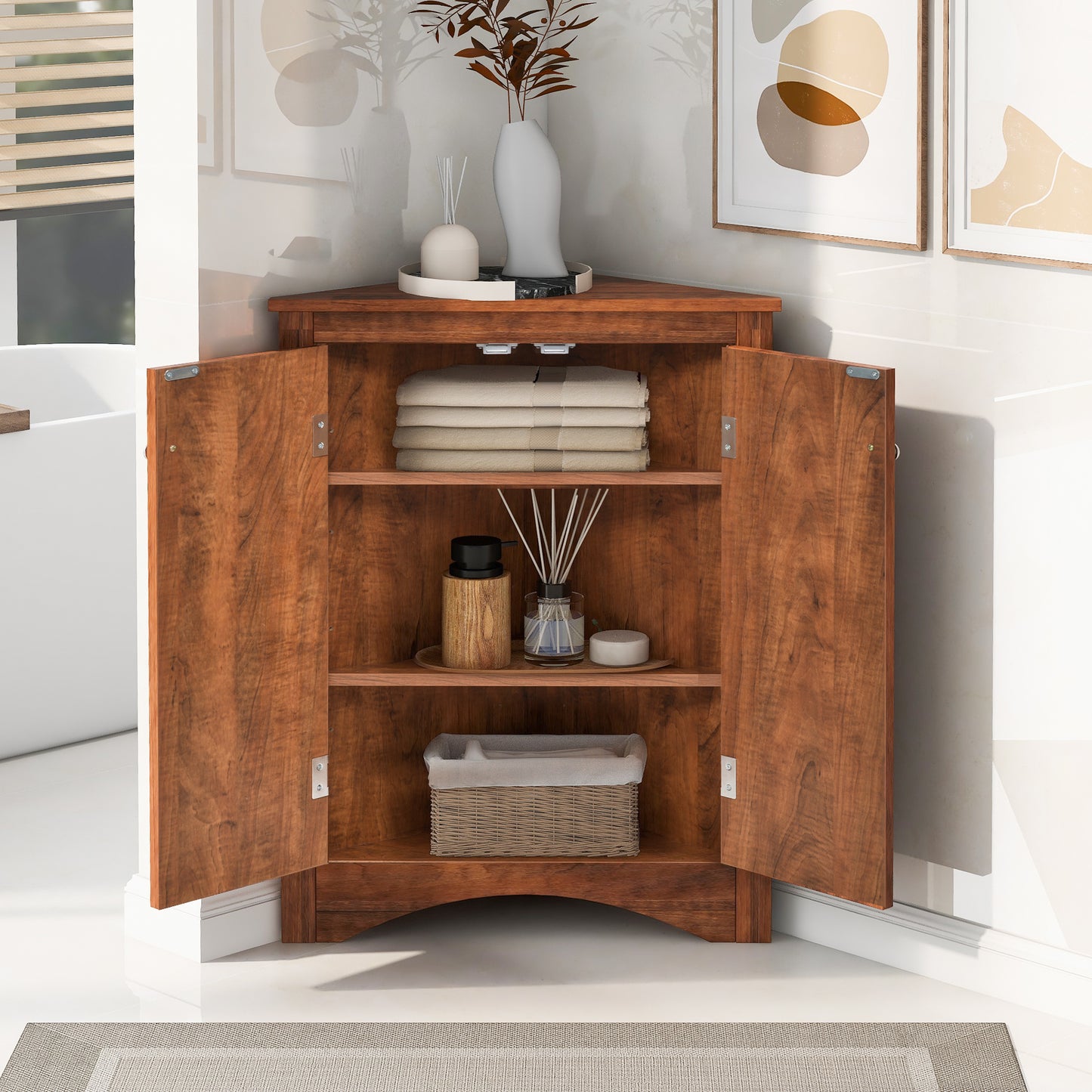 Brown Triangle Bathroom Storage Cabinet with Adjustable Shelves, Freestanding Floor Cabinet for Home Kitchen(Old SKU:WF291467AAD) - SolidRoot Buy Furniture USA