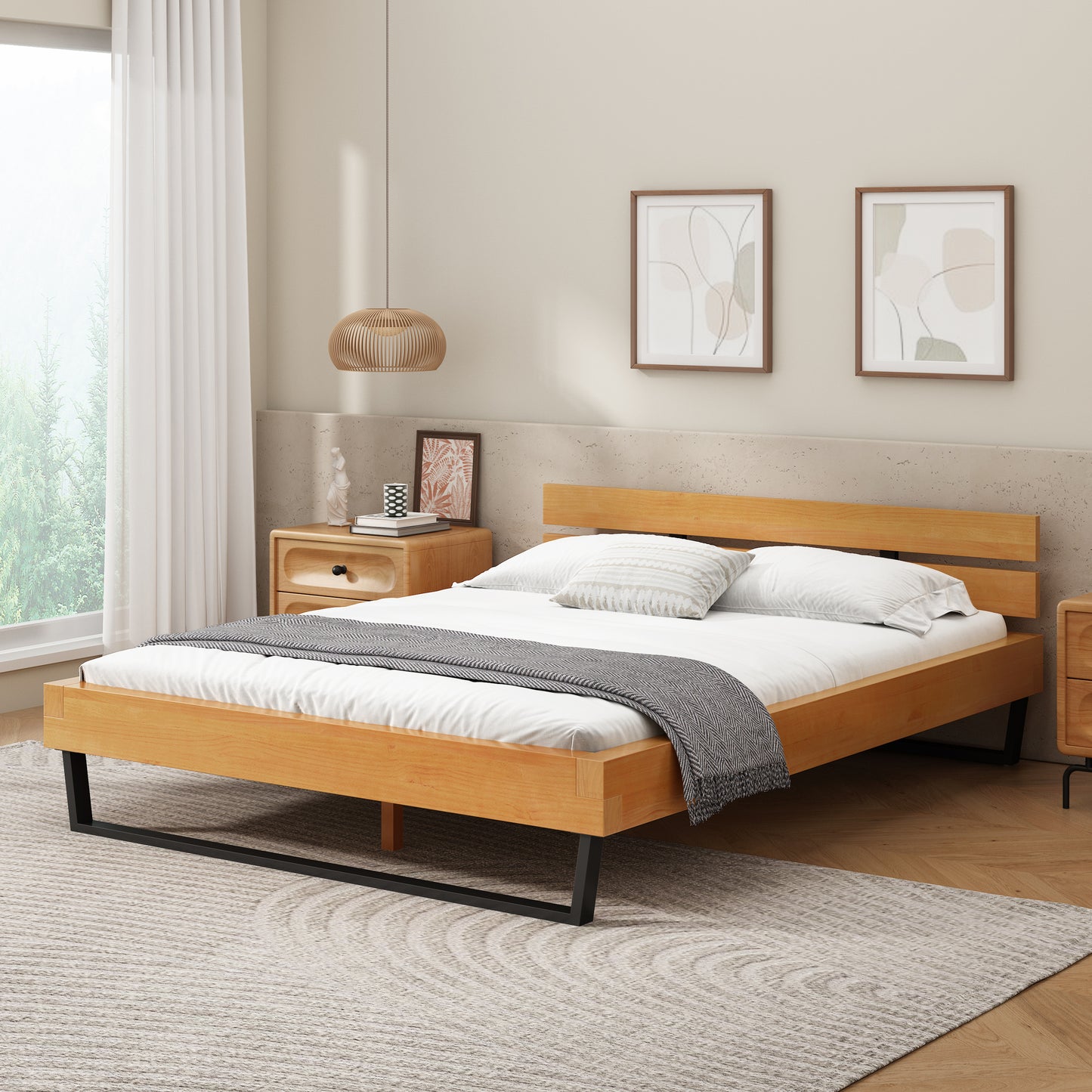 PINE WOOD BED FRAME QUEEN SIZE,NATURAL & BLACK COLOR SolidRoot Buy Furniture USA