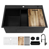 30 inch Dark Black Drop In Workstation Kitchen Sink with Pull Out Faucet, Handmade Topmount Single Bowl 18 Gauge PVD-Nano Scratch-Resistant Stainless Steel Kitchen Sink with Accessories