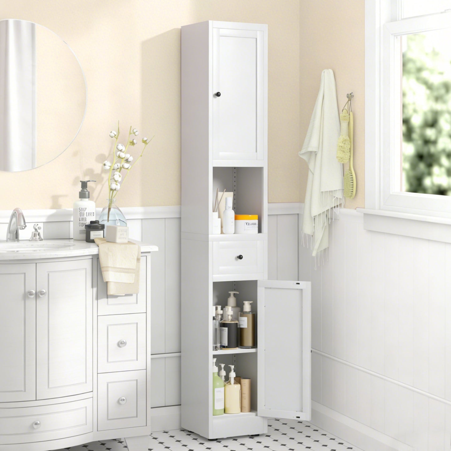 71 Inch Tall Bathroom Storage Cabinet, 5-Tier Narrow Metal Cabinet with 2 Doors & Adjustable Shelves, Freestanding Cabinet for Space Saving in Kitchen, Laundry Room, Pantry, White - SolidRoot Buy Furniture USA