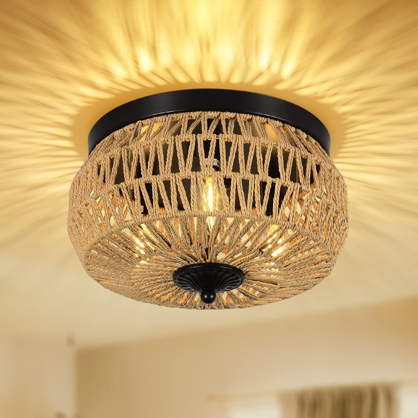 3-Lights Woven Rattan Flush Mount Ceiling Light Fixture with Hand-Worked Cage Shade for Bedroom, Kitchen, Foyer, Porch SolidRoot Buy Furniture USA