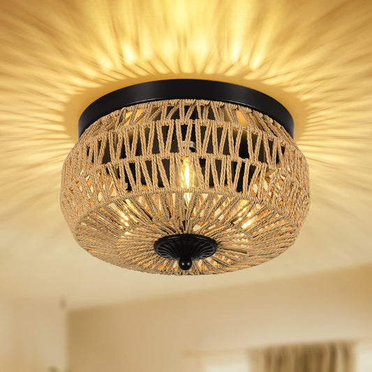 3-Lights Woven Rattan Flush Mount Ceiling Light Fixture with Hand-Worked Cage Shade for Bedroom, Kitchen, Foyer, Porch SolidRoot Buy Furniture USA