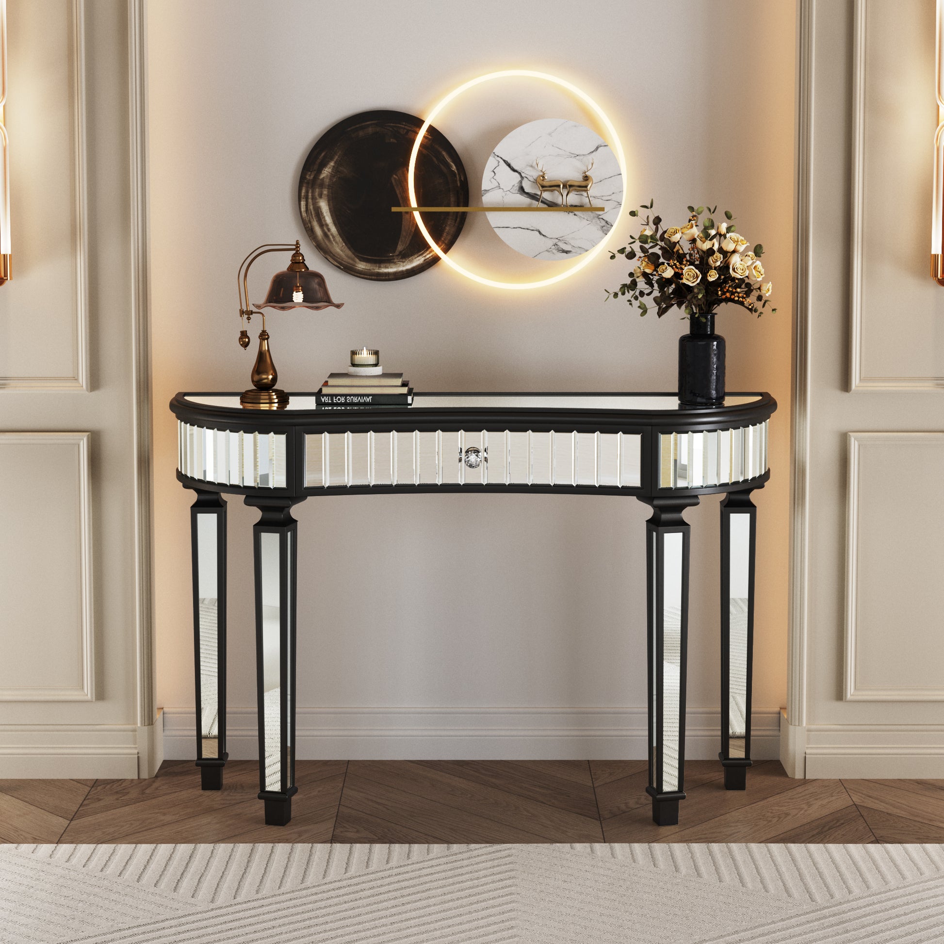 47' Half-Moon Mirrored Console Table with Fluted Glass & Crystal Knob Drawer - Silver Entryway Vanity Desk for Bedroom/Dressing Room(Black+Sliver) SolidRoot Buy Furniture USA
